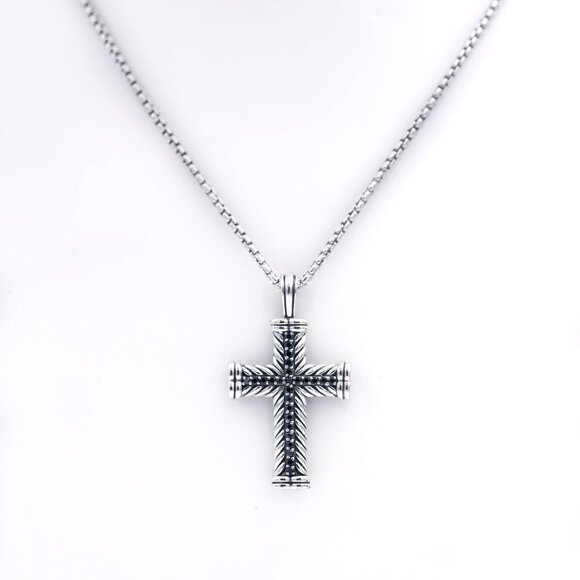 David Yurman 925 Silver Black Diamonds Chevron Cross Pendant Necklace - Picture 1 of 6